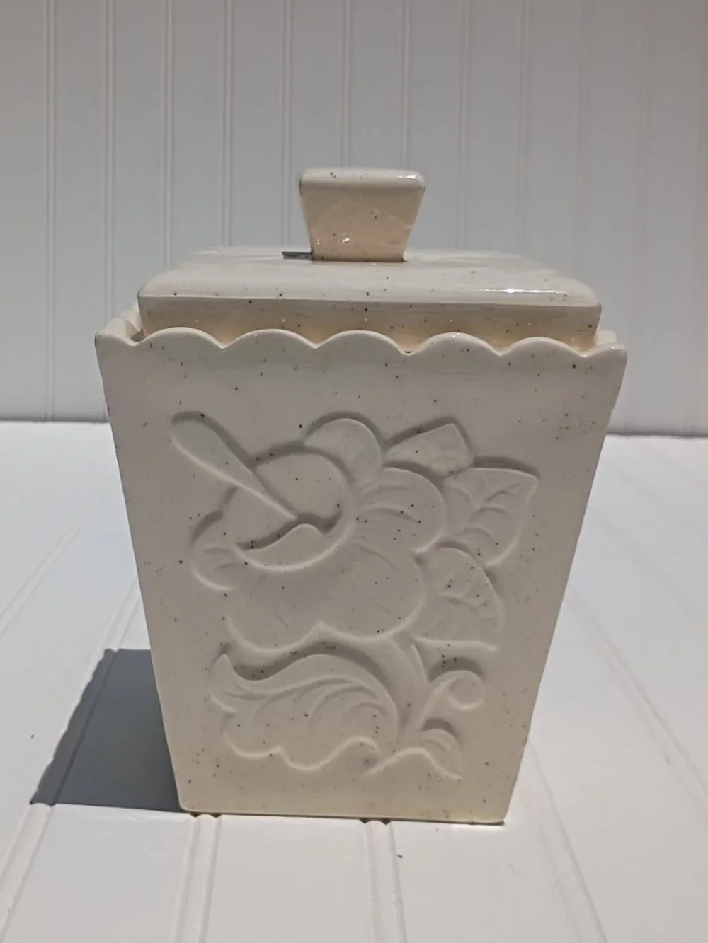 Vintage Ceramic Kitchen Canister with Lid Floral Embossed 4-Sided Beige Speckled